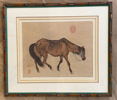 Une peinture sur papier représentant un cheval maigre