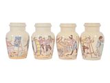 trois petits vases ornés de portraits sur fond blanc