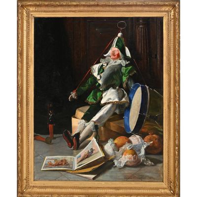 un tableau représentant un clown assis sur une chaise avec un tambour