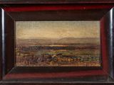 an oil painting of a landscape with cattle grazing in a field