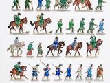 nombreuses figurines de personnes à cheval et de chevaux