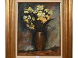 an oil painting of daffodils in a vase on a table