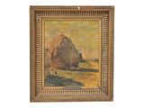 an oil painting of a hay stack in a gold frame on a white background