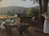 a painting of a woman and two children in a country setting