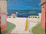 un tableau représentant une personne marchant dans la rue