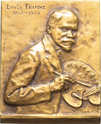plaque en bronze représentant un homme tenant un pinceau et une palette