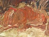 a painting of a horse laying down on the ground