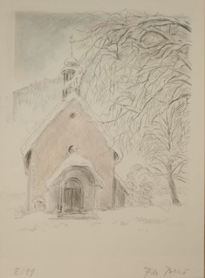 dessin au crayon représentant une église avec un clocher et une tour de clocher