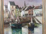 peinture de bateaux dans un port avec des bâtiments en arrière-plan