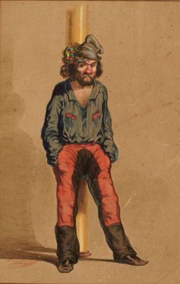 tableau représentant un homme assis sur un poteau, coiffé d'un chapeau
