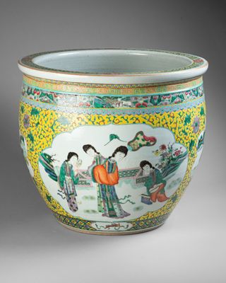 an image of a vase with a painting on the outside of it