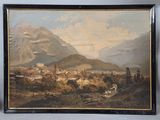 painting of a landscape with a village and mountains in the background