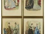 quatre gravures de mode anciennes représentant des dames en robe de soirée
