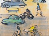 tableau représentant des personnes marchant et faisant du vélo dans une rue de la ville