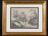 un dessin en noir et blanc représentant un paysage boisé