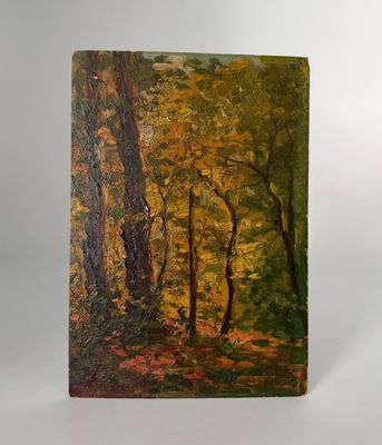 peinture à l'huile d'une scène de forêt avec des arbres au premier plan