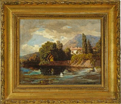 un tableau représentant une scène fluviale avec un homme dans un bateau sur l'eau