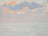 an image of a painting of a cloudy sky over a body of water