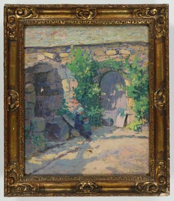 une peinture à l'huile représentant une personne assise sur un banc devant un immeuble