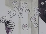drawing of a woman blowing bubbles in a room with a flag in the background