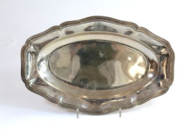 a silver tray with a silver handle on a white surface