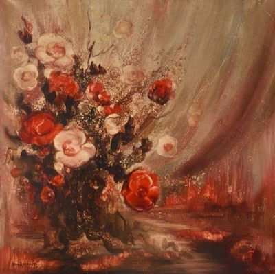 tableau représentant des fleurs rouges et blanches dans un vase en verre posé sur une table