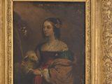 painting of a woman with a dog in a gold frame