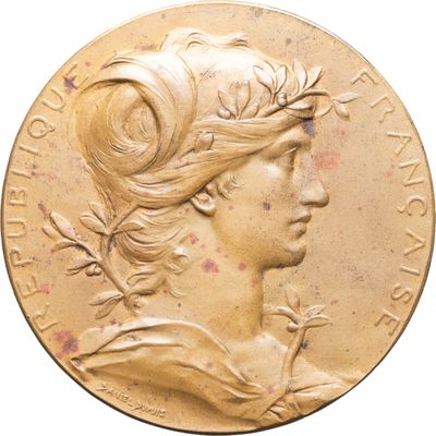 un gros plan sur une médaille d'or représentant la tête d'une femme