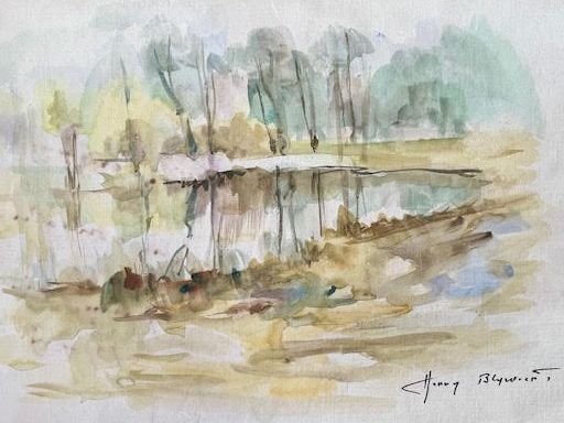 Henry BLYWAERT (XXème siècle). Paysage à l'étang. Aqaurelle sur papier signée en bas à droite. Haut. : 35. Larg. : 45...