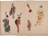 an open book with a drawing of a group of people on horseback