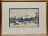 aquarelle encadrée représentant un paysage fluvial avec des arbres en arrière-plan