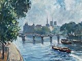 une peinture représentant des bateaux sur l'eau près d'un pont