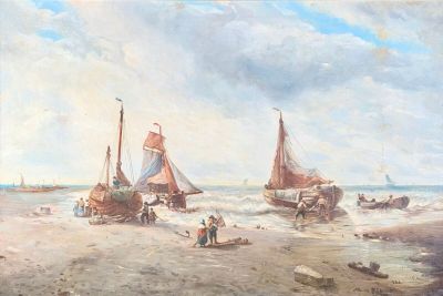 a painting of boats on the beach by the water