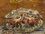 an oil painting of a bowl of food on a table