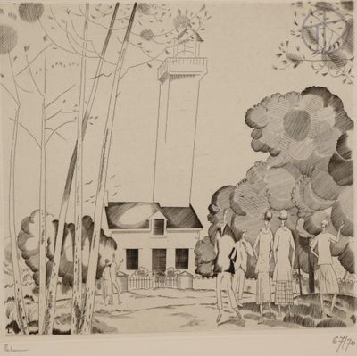 pencil drawing of a man standing in front of a house with a clock tower in the background