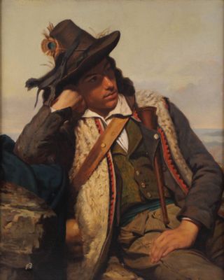 tableau représentant un homme coiffé d'un chapeau et vêtu d'un gilet, assis sur un rocher