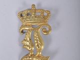 a close up of a gold brooch with a crown on it