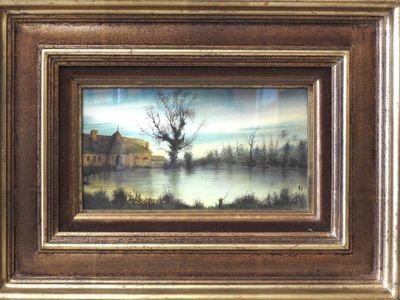 an oil painting of a river scene with a house in the background