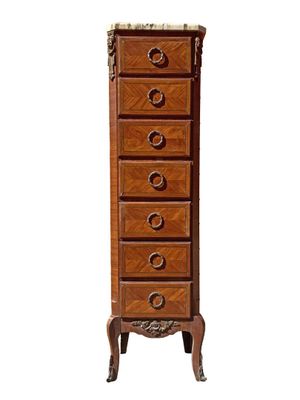 an image of a tall wooden chest of drawers on a white background