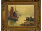une peinture à l'huile représentant des bateaux sur l'eau et des personnes debout sur le rivage