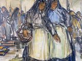 painting of two women standing in front of a crowd of people
