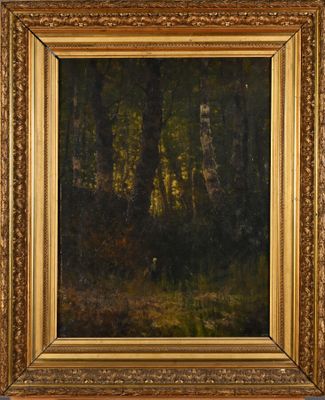 a painting of a forest scene with trees in the foreground