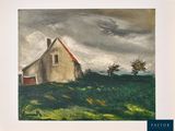 painting of a house on a hill with a cloudy sky in the background