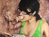 a painting of a woman eating a piece of pizza