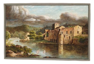 une image représentant un tableau d'un château au bord d'une rivière