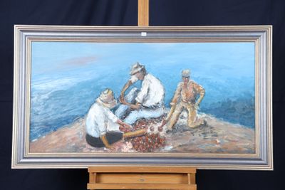 un tableau représentant un groupe d'hommes assis sur un rocher