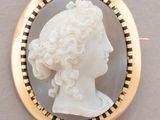 an image of a woman ' s profile is shown in a gold - plated broocher