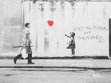 a black and white photo of a man and a girl walking down the street