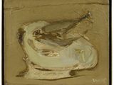 an oil painting of a bowl of food on a table