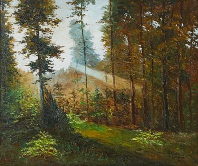 une peinture à l'huile représentant une scène forestière avec des arbres et une colline